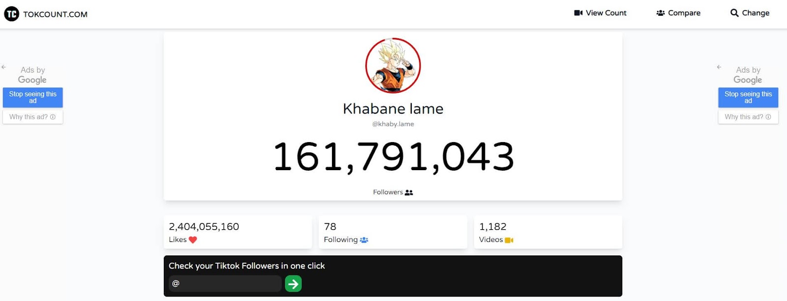 A profile on a TikTok follower counter website showing follower count, likes, and other statistics for a user named 'Khabane lame'.