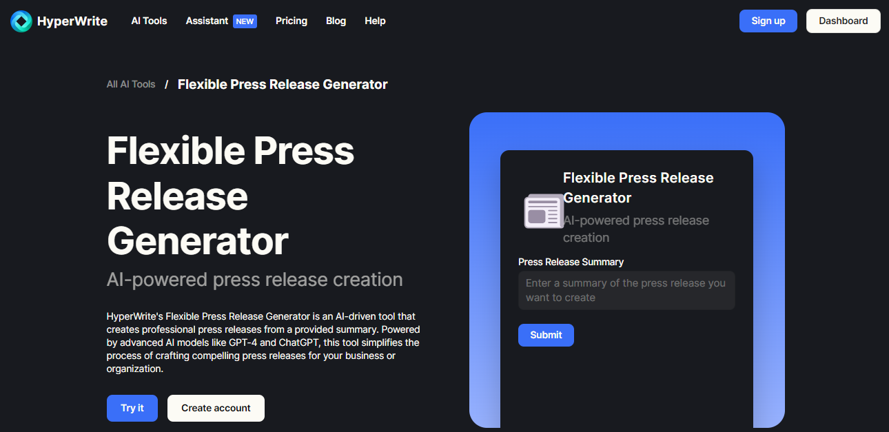 HyperWrite AI's Flexible Press Release Generator