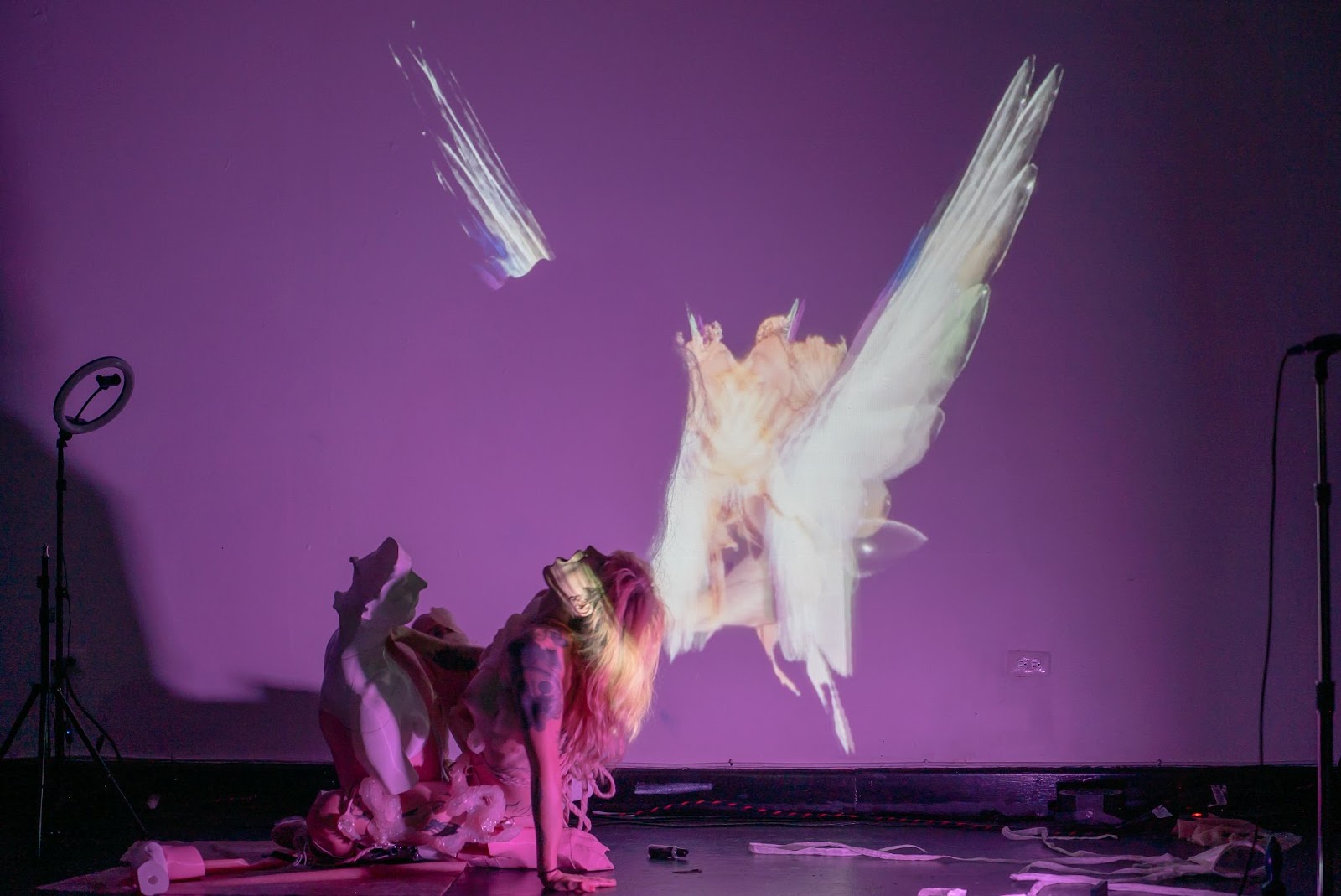 Image: Ava Wanbli performs “Sertraline Dolls'' at Elastic Arts for the Elastro A/V Festival. An image of a winged Ava kissing a double of herself is projected on the wall behind Ava, who is fucking the pink-and-white mannequin. Her head is thrown back and her mouth is open in ecstasy. Ribbons from her costume, a bottle of lube, and one of the mannequin’s limbs litter the floor. Photo by Mikey Mosher.