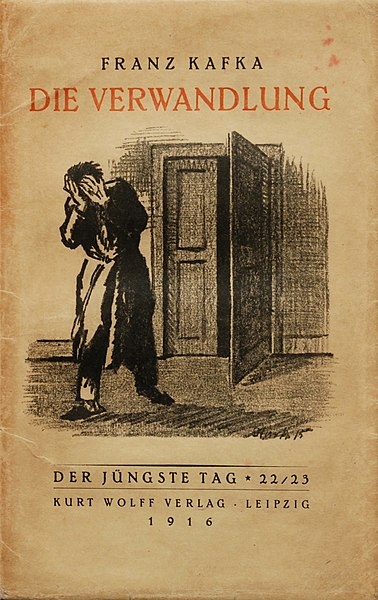 A black and white drawing of a man in a dressing gown stumbles out an open door with his head in his hands. It is part of the title page of Franz Kafka's "Die Verwandlung". 