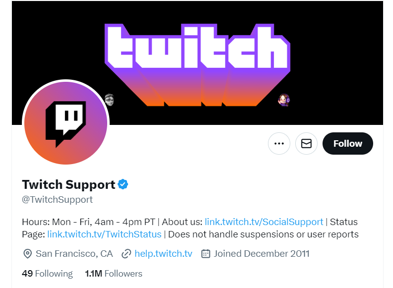Twitch Support page on X