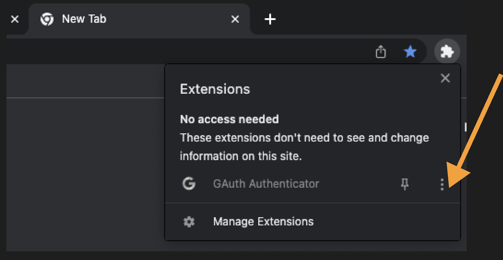 Chrome's "Manage Extension" popup lists GAuth Authenticator extension