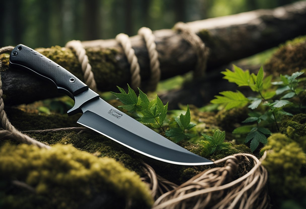 A sturdy bushcraft knife slicing through a thick rope, surrounded by a rugged outdoor setting with trees and wild foliage