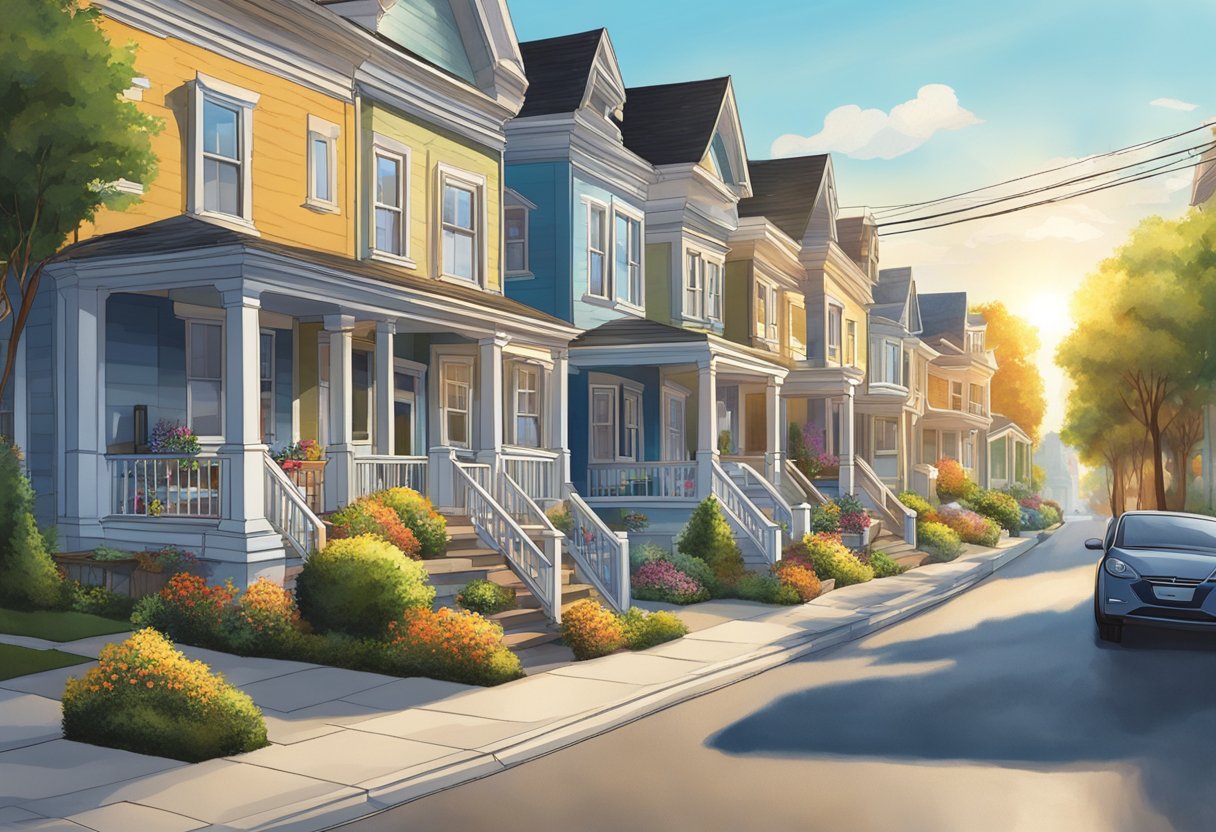 A house for sale sits on a bustling street, surrounded by competing "For Sale" signs. The sun shines brightly, highlighting the urgency of the market