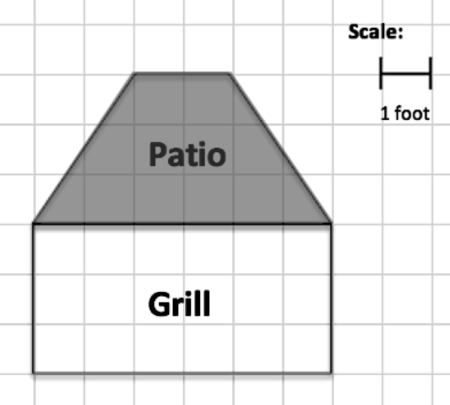 Scale drawing showing the patio and grill, indicating the following scale: 
1 square = 1 foot
