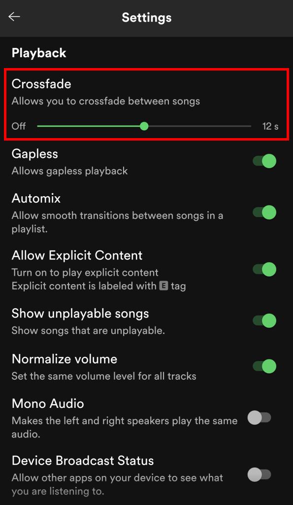 Spotify Playback settings mobile screen, the Crossfade setting is highlighted in red