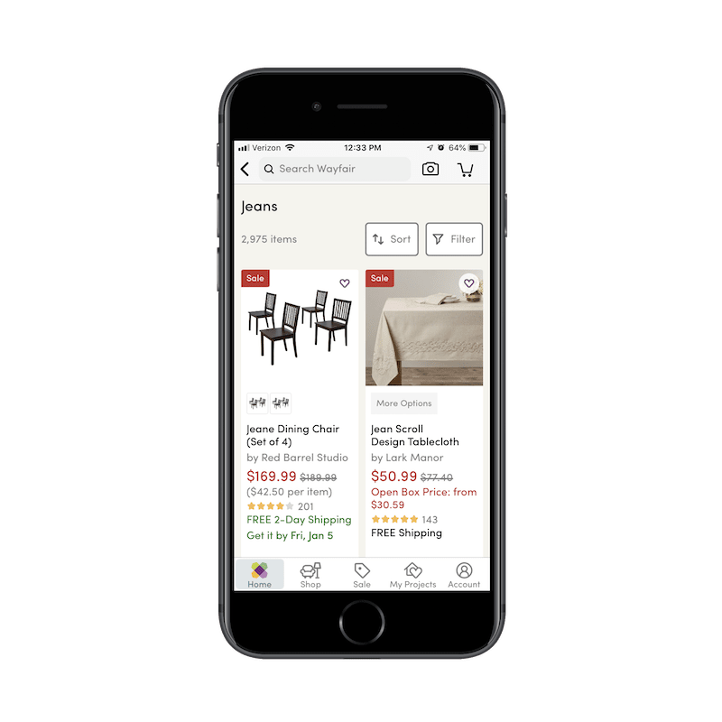 Wayfair app search filters