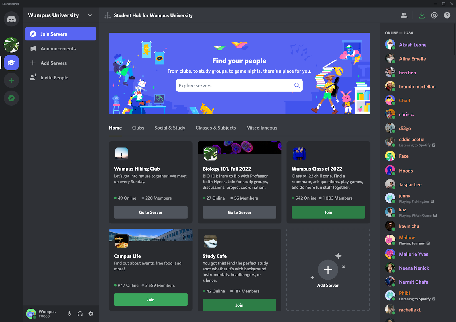 web discord fitur student hubs