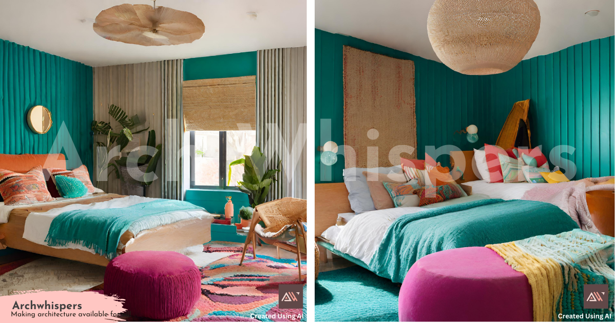 Vibrant Bedroom With Turquoise-Coloured Textured Wallpaper on the Walls