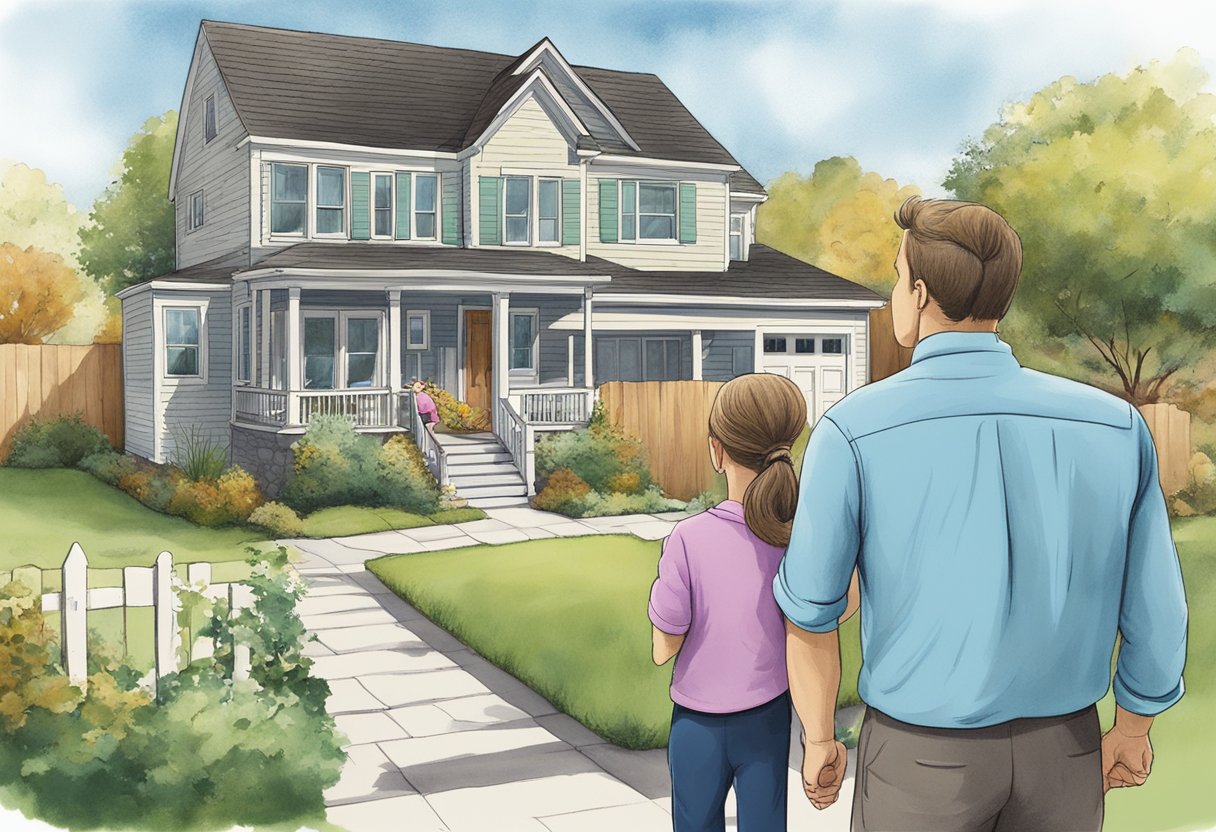 A family stands outside their home, looking stressed. A "sold" sign brings relief as they envision a brighter financial future