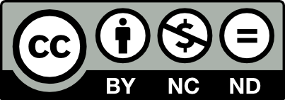 A symbol of the letters CC. A symbol of a stick figure with the letters BY underneath. A symbol of a dollar sign crossed out with the letters NC underneath. A symbol of a an equal sign with the letters ND underneath.