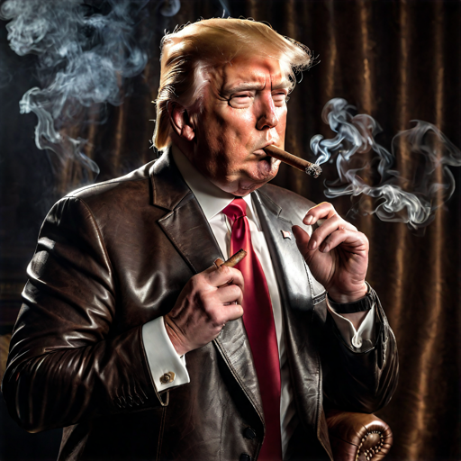 Brown leather blazer Trump puffing a stogie wearing red tie