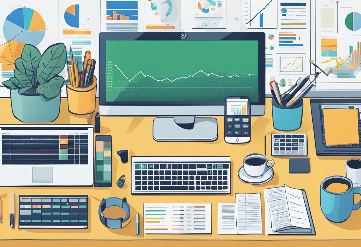 A desk cluttered with trading tools and resources, including a computer, charts, and financial data. The scene is busy and focused, with a sense of urgency and concentration