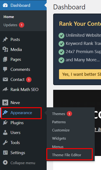 Go to the “Appearance” ➡ “Theme File Editor”