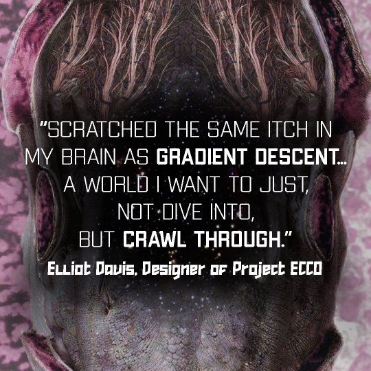 Art with a pull quote about the zine: "Scratched the same itch in my brain as Gradient Descent... a world I want to just, not dive into, but crawl through." By Elliot Davis, Designer of Project ECCO.