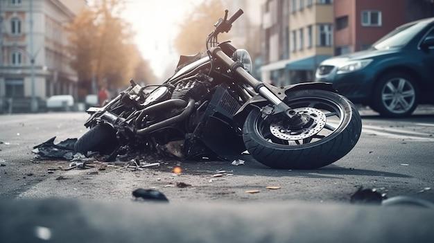 Photo fragments of a broken motorcycle on the pavement generative ai