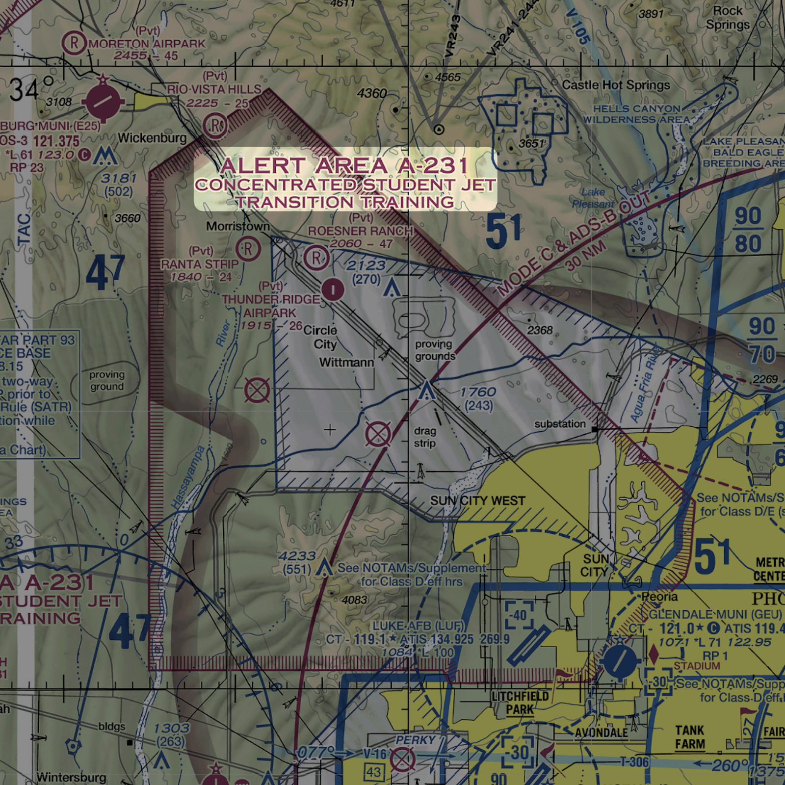 A diagram depicting alert area airspace numbers on a sectional chart.