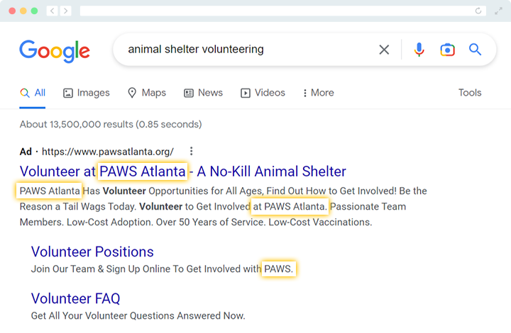 A screenshot of a Google search results page for the keyword “animal shelter volunteering.” The results reference animal shelters in Atlanta, which is the searcher’s location.