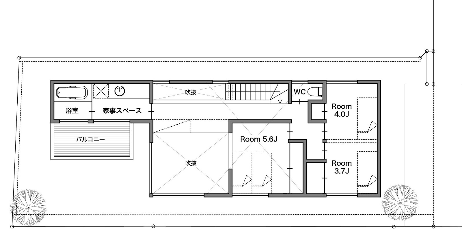 実例②【30坪～35坪】洗濯物を干すバルコニーと家事スペースを2階に　2F 