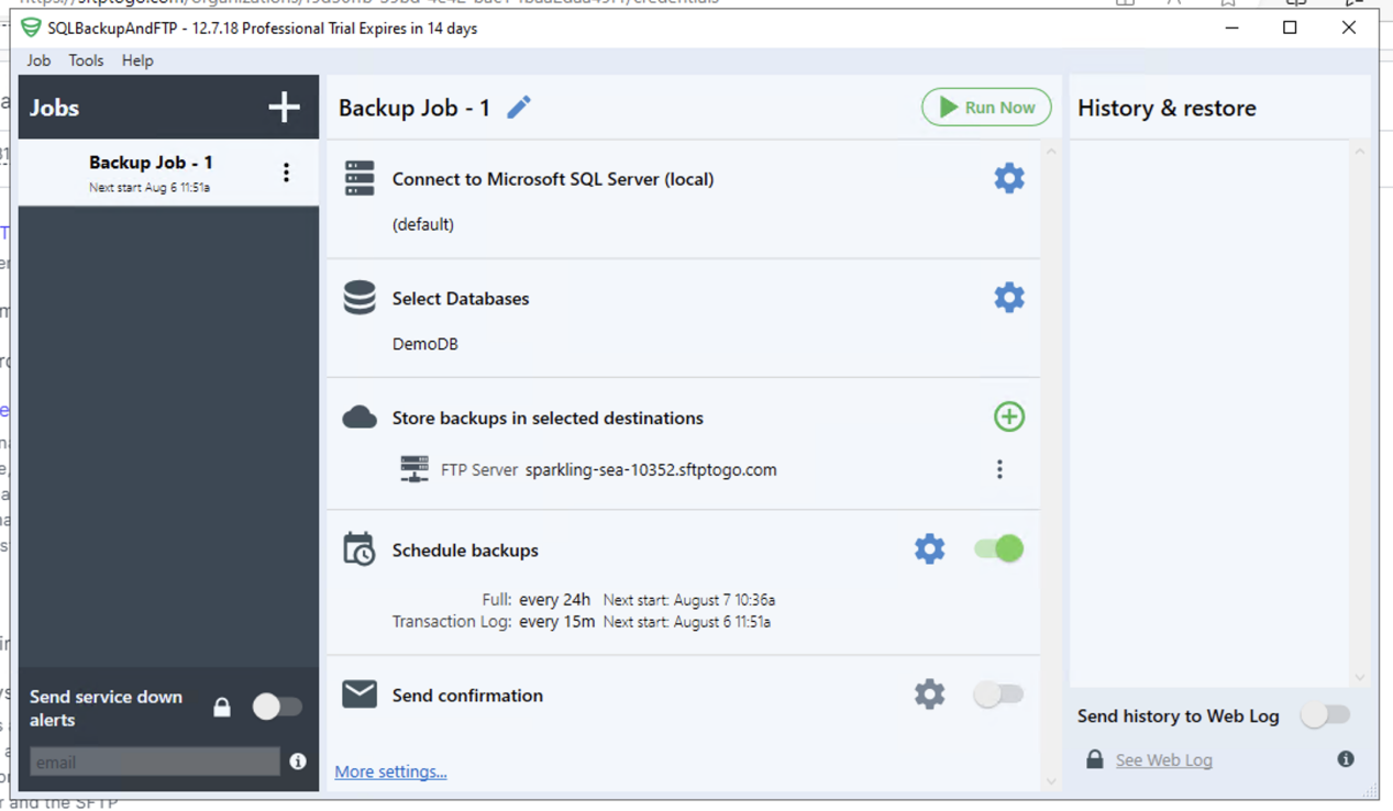 Clicking Run Now To manually trigger backup via the SQLBackupAndFTP Job tab