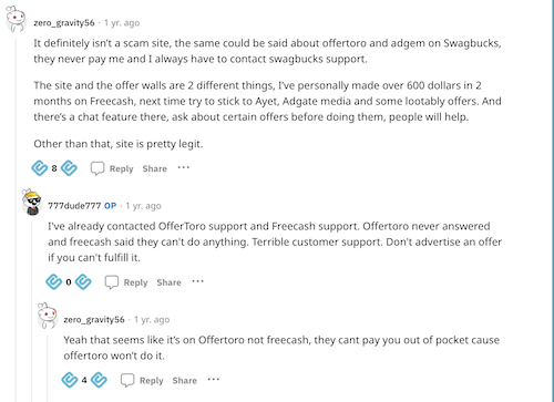 A Reddit discussion where a user says they've won over $600 in two months on Freecash and recommends using the chat feature to get help. Another user is upset that the third party isn't paying out. 