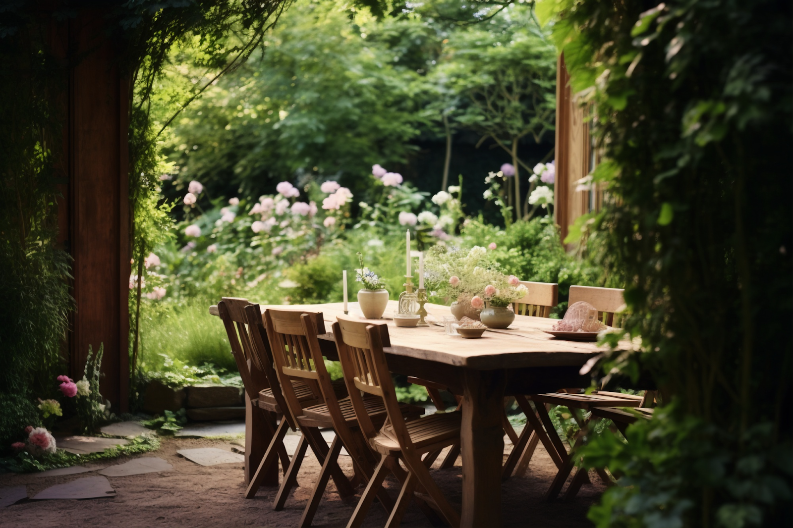idyllischer Gartenessbereich mit einem Holztisch und Stühlen