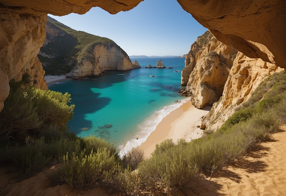 Crystal clear turquoise waters lap gently against golden sandy shores, framed by rugged cliffs and lush greenery. The sun shines brightly in the cloudless sky, casting a warm glow over the idyllic scene