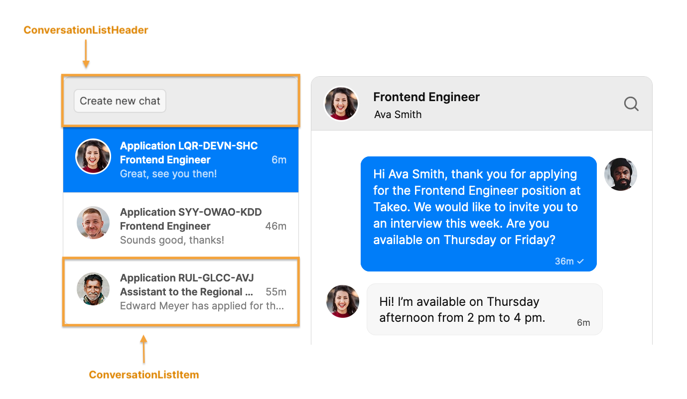 A chat window with an Inbox UI with one conversation about a job application open, and three other conversations about job applications shown in the conversation list in the inbox. Two elements have orange annotation circles around them: at the top of the inbox, the conversation list header (ConversationListHeader with a custom action button to create a new chat, and one conversation in the conversation list with a custom action link to an application file (a ConversationListItem).