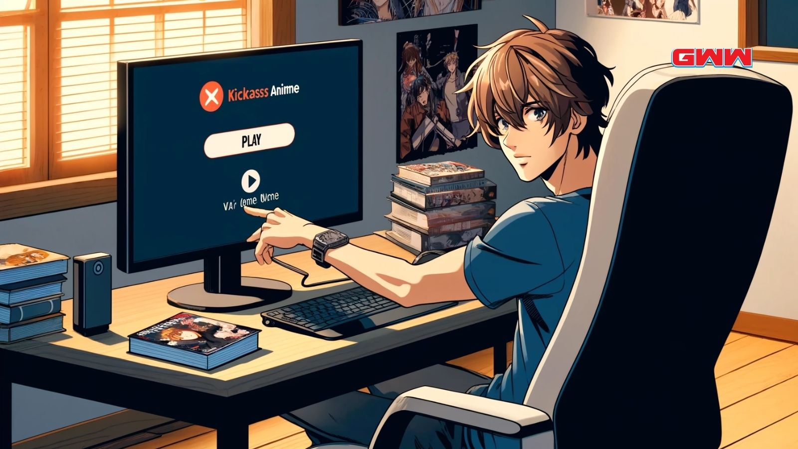 A guy on his computer navigating the KickAss Anime website