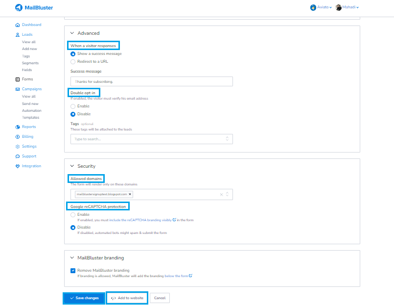 Selecting the form options in Inline form