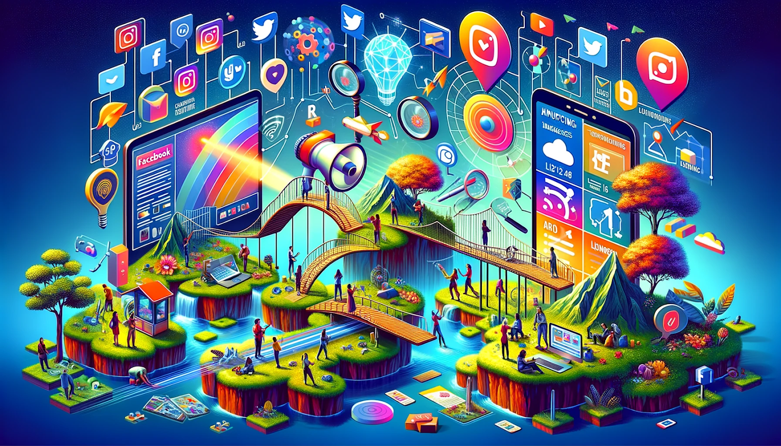 A colorful illustration of a small island with a bridge and icons