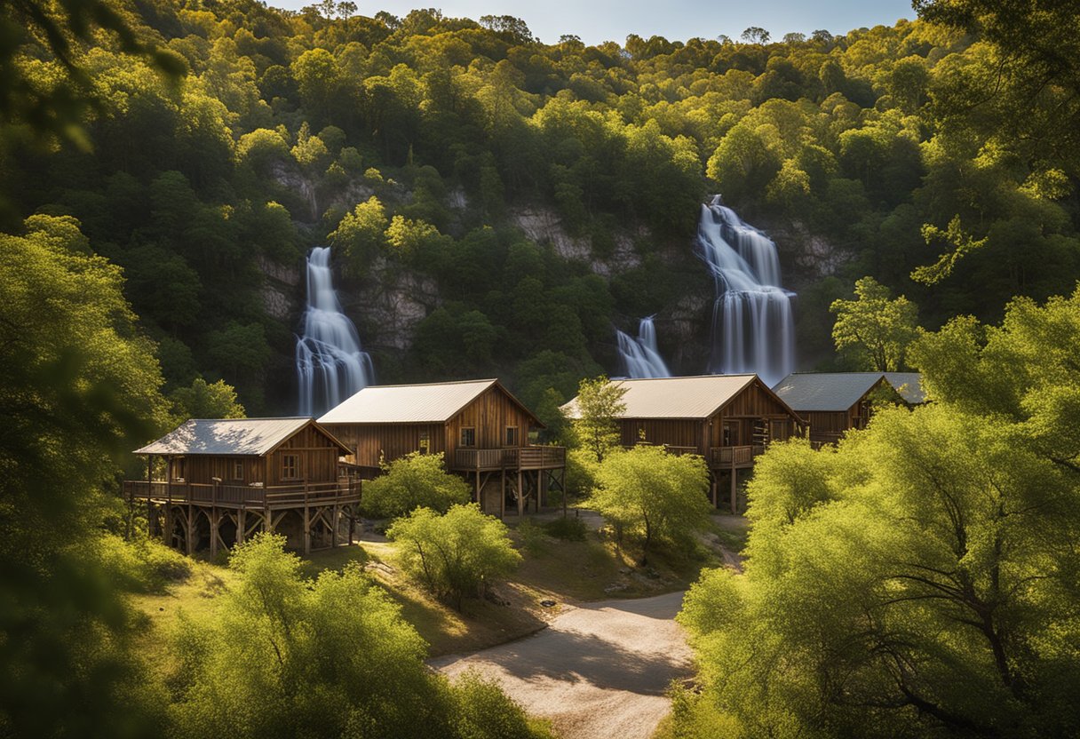 The cabins sit nestled among the lush greenery, with the majestic Turner Falls cascading in the background. The sunlight filters through the trees, casting a warm glow on the rustic cabins