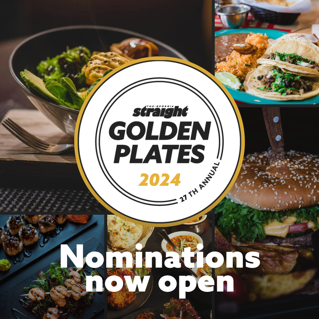 A composite image of different foods, with text reading: The Georgia Straight Goldn Plates 2024: Nominations now open."