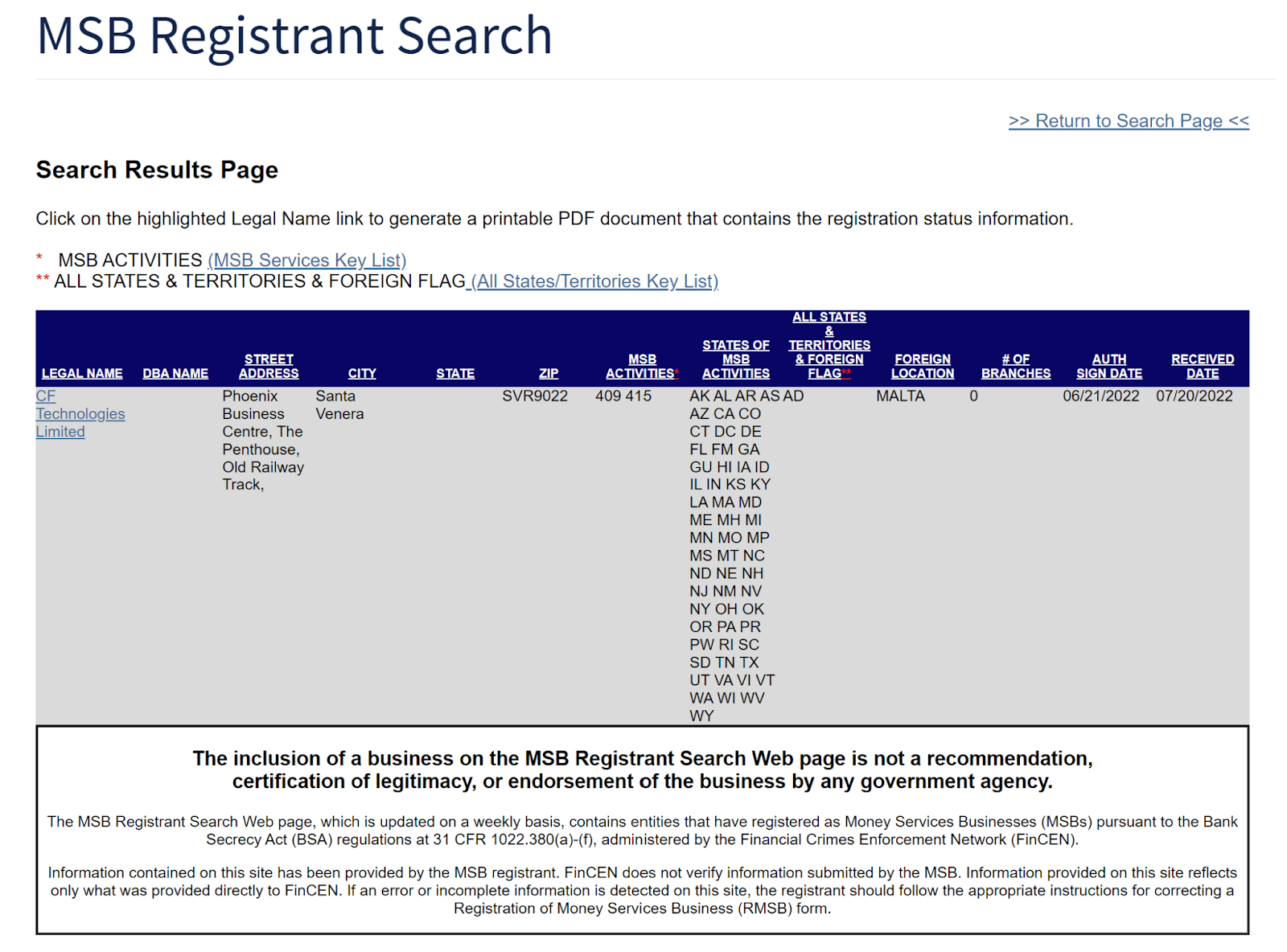Captura de pantalla del listado de Xcoins en el sitio web FinCen MSB Registrant Search