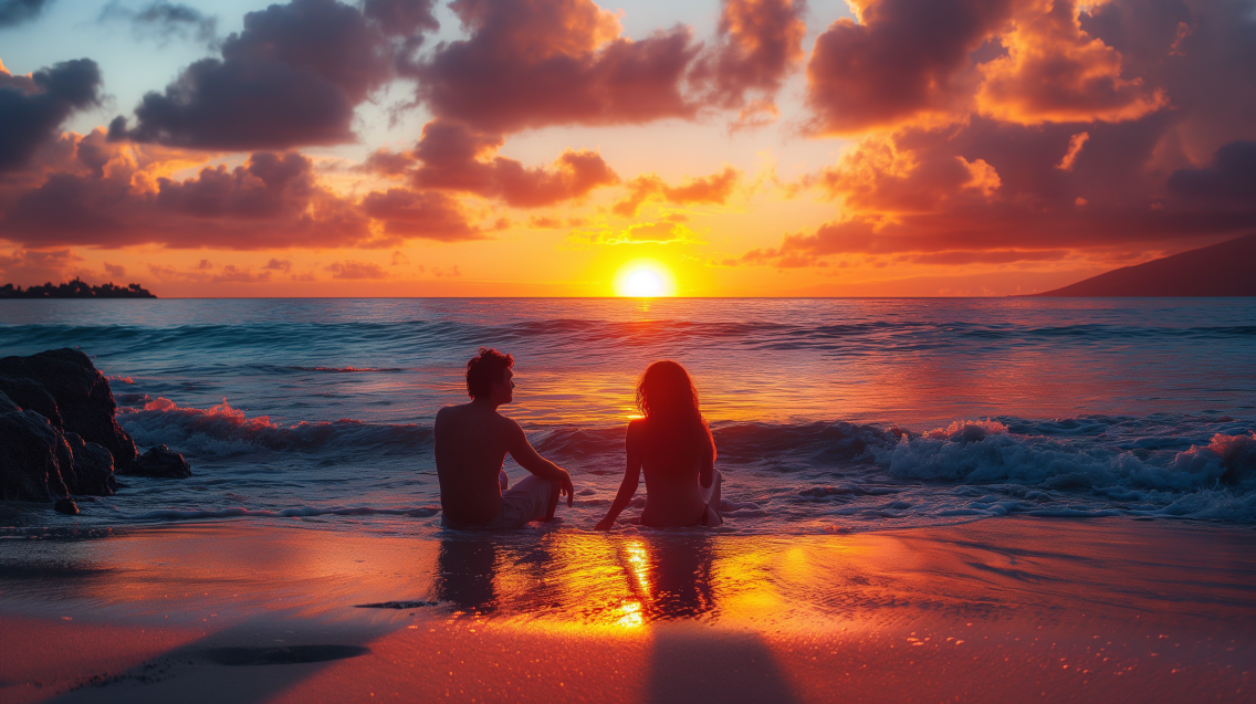 A couple unwinds on Maui's pristine beach during sunset. 