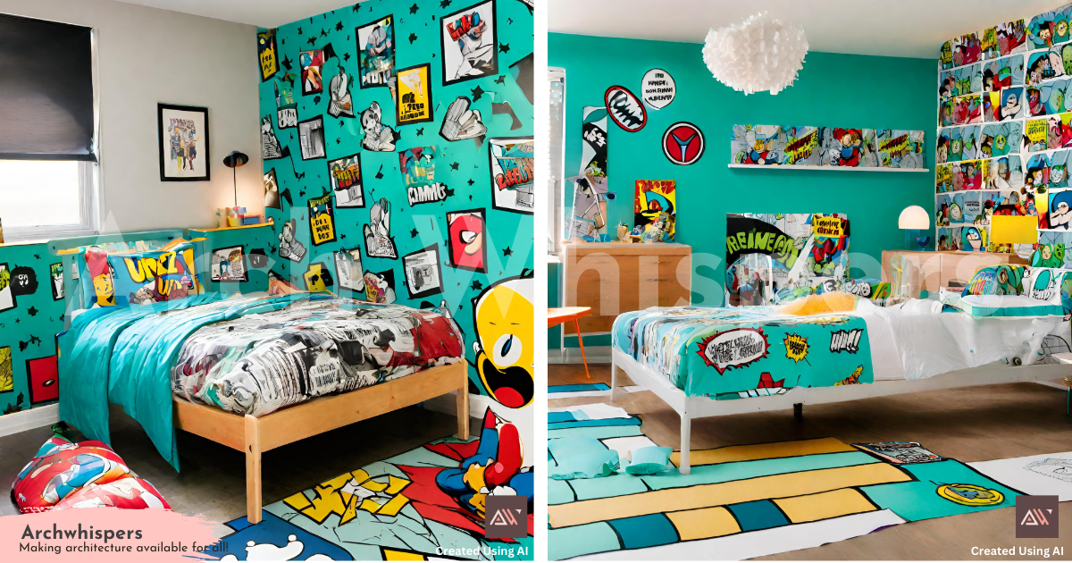 A Kid's  Bedroom With a Blue, Comic-Book-Style Wallpaper