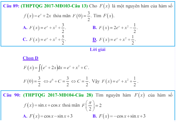 Công thức Nguyên hàm và bài tập từ đề thi có giải chi tiết