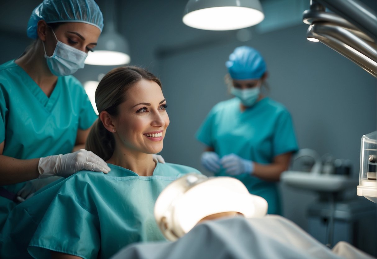 A dentist wearing protective gear performs a dental procedure on a patient in a well-lit, sterile dental office