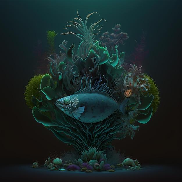 Photo a fantastic underwater world surrealistic animals and plants dark green 3d illustration generative ai