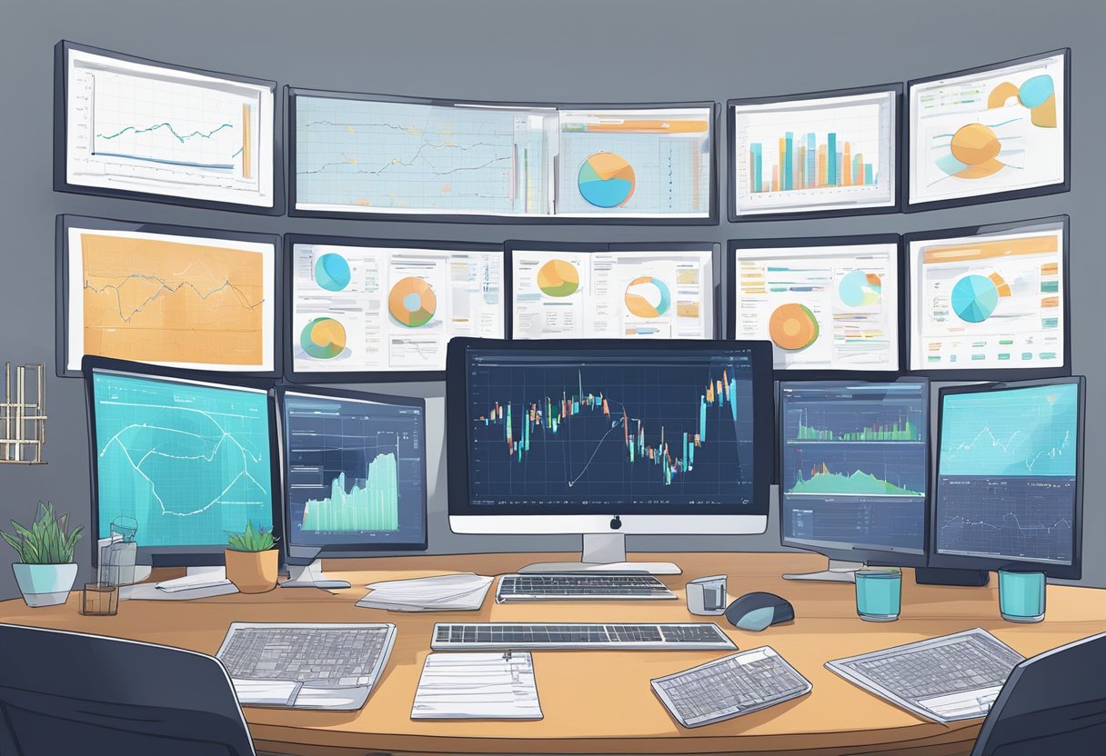 A desk cluttered with computer monitors, stacks of paperwork, and a whiteboard covered in complex diagrams and notes. Multiple screens display charts and graphs related to cryptocurrency transactions