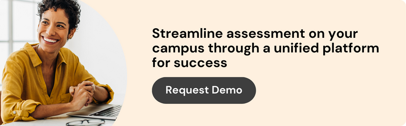 On the left, a person smiling and looking over at someone while sat by their computer. On the right, the text reads: "Streamline assessment on your campus through a unified platform for success. Request a demo."