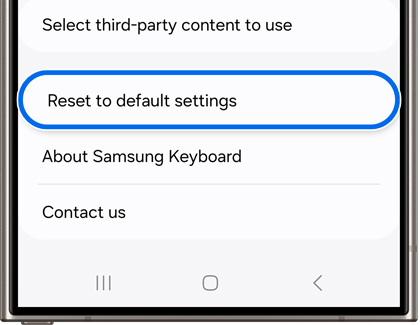 Reset to default settings highlighted