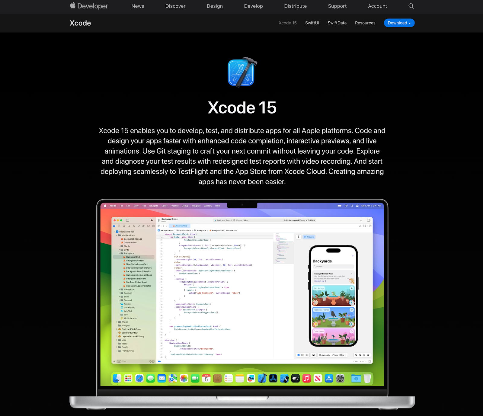 Screenshot of XCode iOS website, desktop