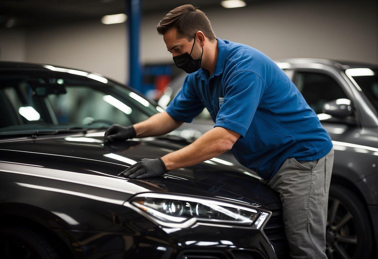 A mobile detailing technician applies ceramic coating to a car's surface, creating a glossy, protective layer. The coating enhances the vehicle's shine and durability, repelling water and contaminants