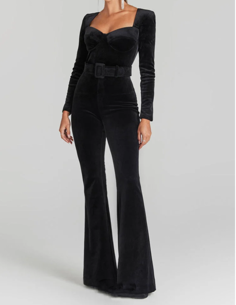 Formal Black Velvet Long Sleeve Flared Jumpsuit With Belt