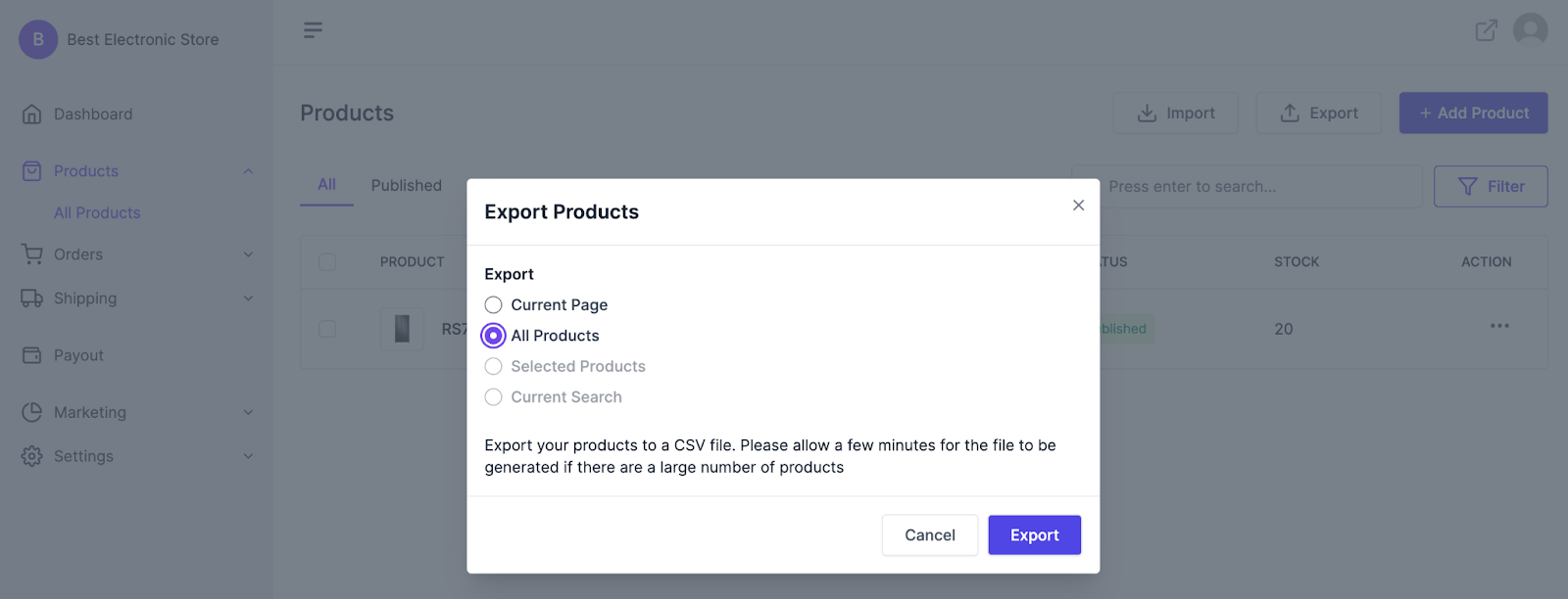 This image shows how to export all products