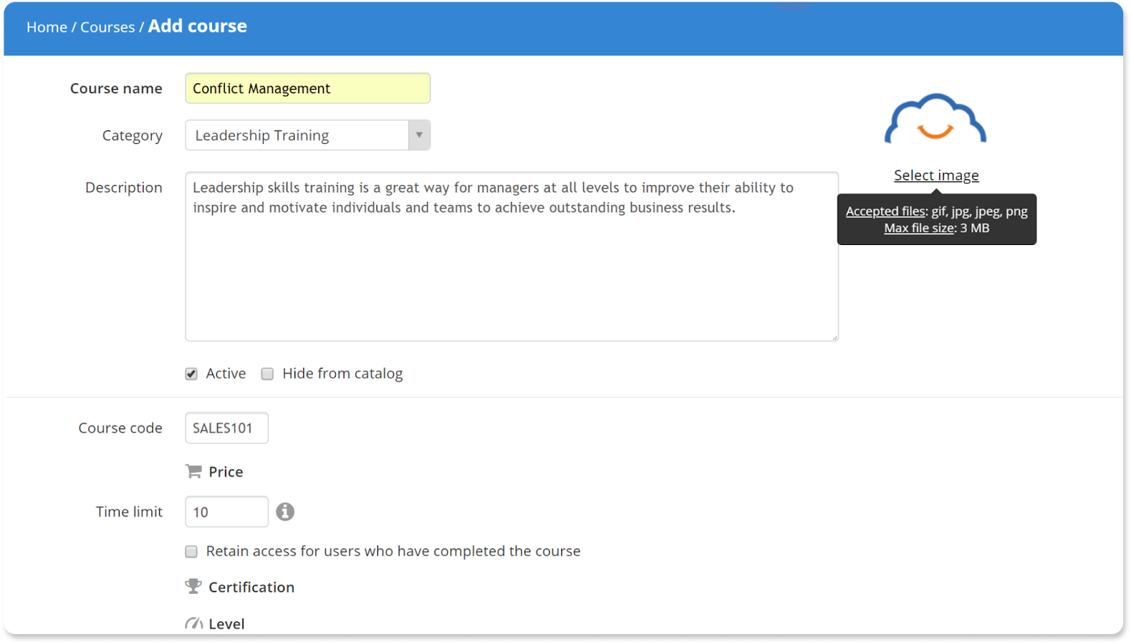 TalentLMS displays a dialogue box with configuration options for a conflict management training course.