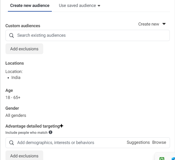 Screenshot showing detailed audience targeting options in Facebook Ads Manager, including interests, behaviors, connections, locations, age, gender, and custom audience creation.
