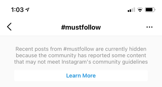 A mensagem de que postagens usando hashtag mustfollow foram ocultadas pode significar que você foi banido no Instagram por usar essa hashtag