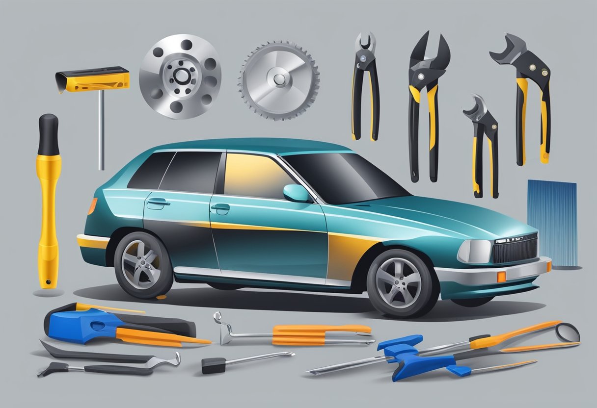 A car with a noticeable dent on the side panel, surrounded by tools and equipment used for paintless dent repair